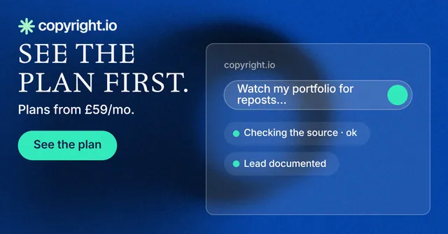 Social ad for copyright.io: "See the plan first." Agentic glass style, skeleton layout, dark palette in blue.