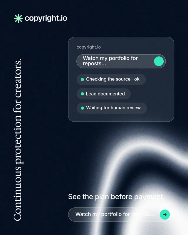 Instagram portrait post for copyright.io: "Continuous protection for creators." Agentic glass style, vertical layout, dark palette in black, blue, grey.