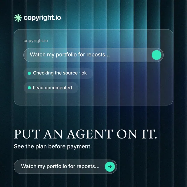 Instagram post for copyright.io: "Put an agent on it." Agentic glass style, bottom layout, dark palette in blue, black.