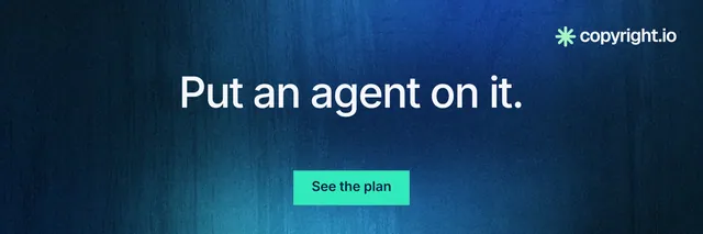 X header for copyright.io: "Put an agent on it." Swiss style, centred layout, dark palette in blue, black.
