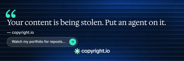 X header for copyright.io: "Evidence, documented." Agentic glass style, quote layout, dark palette in blue, black.