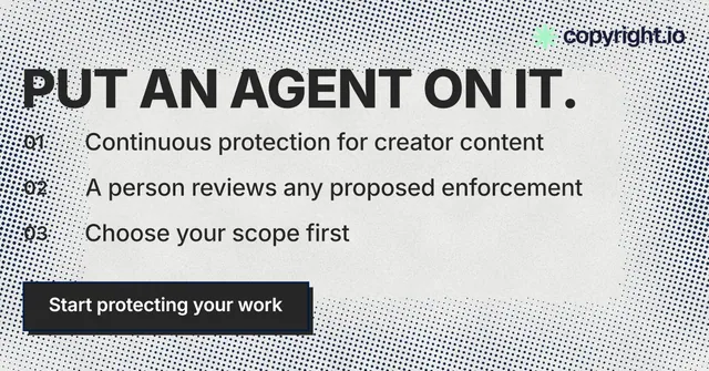 Social ad for copyright.io: "Put an agent on it." Brutalist style, numbered layout, light palette in grey, white.