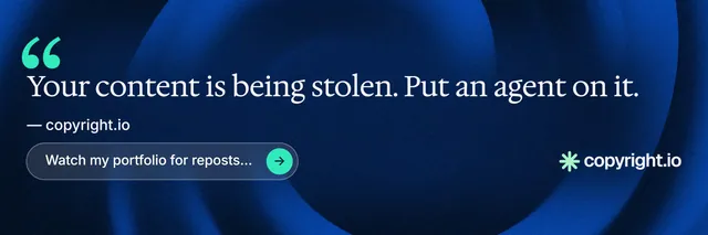 X header for copyright.io: "Find your reposted work." Agentic glass style, quote layout, dark palette in blue, black.