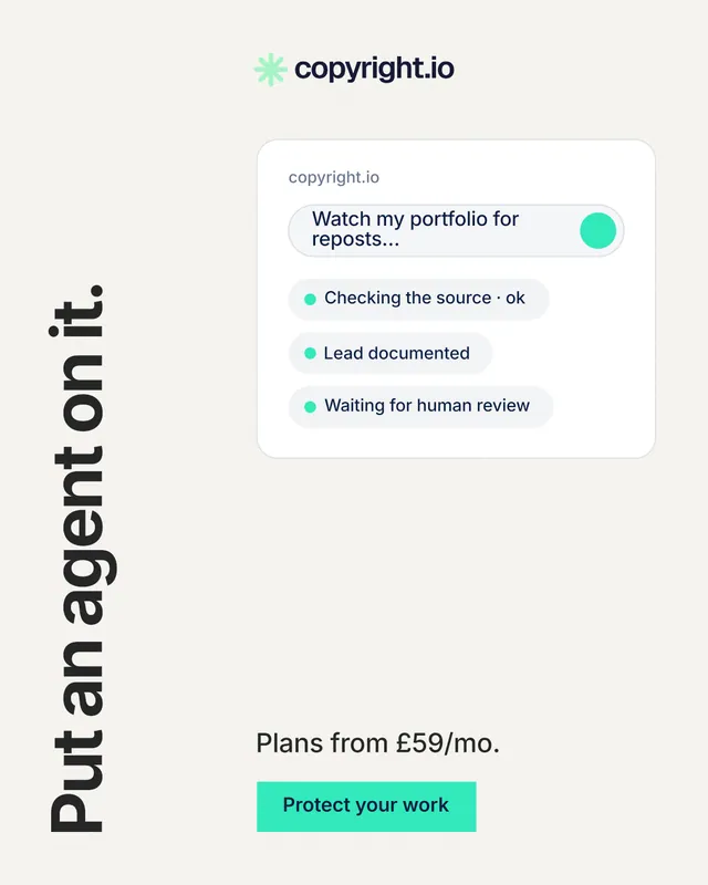 Instagram portrait post for copyright.io: "Put an agent on it." Swiss style, vertical layout, light palette in white, grey.
