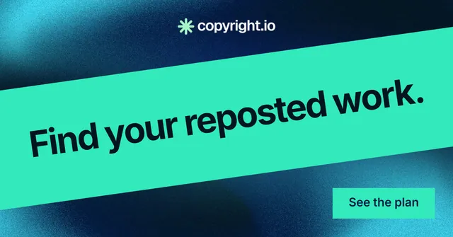 Social ad for copyright.io: "Find your reposted work." Swiss style, diagonal layout, light palette in teal, blue.