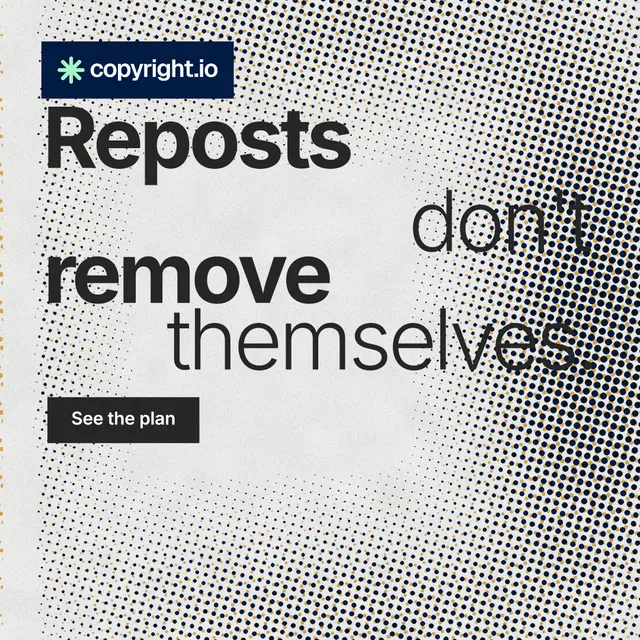 Instagram post for copyright.io: "Reposts don't remove themselves." Swiss style, stacked layout, light palette in grey, white.