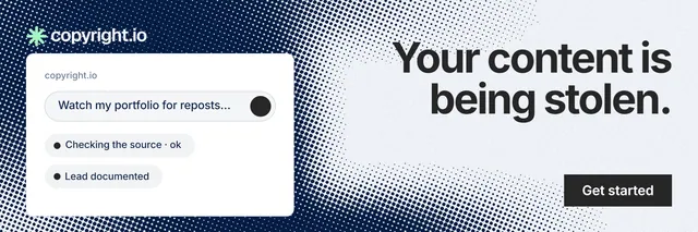 X header for copyright.io: "Your content is being stolen." Swiss style, right layout, light palette in white, blue, grey.
