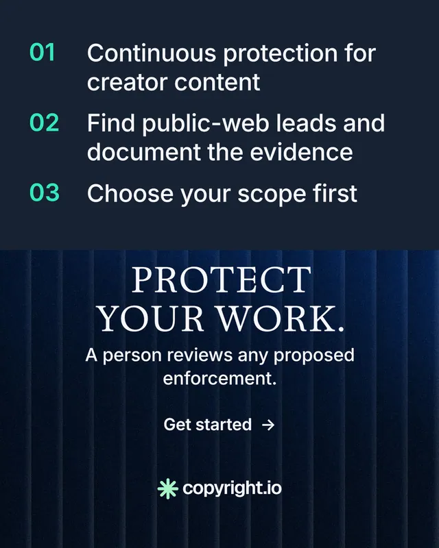 Instagram portrait post for copyright.io: "Protect your work." Minimal luxury style, skeleton layout, dark palette in blue, black.