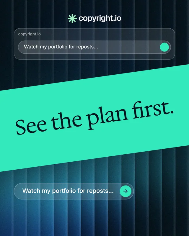 Instagram portrait post for copyright.io: "See the plan first." Agentic glass style, diagonal layout, dark palette in black, teal, blue.