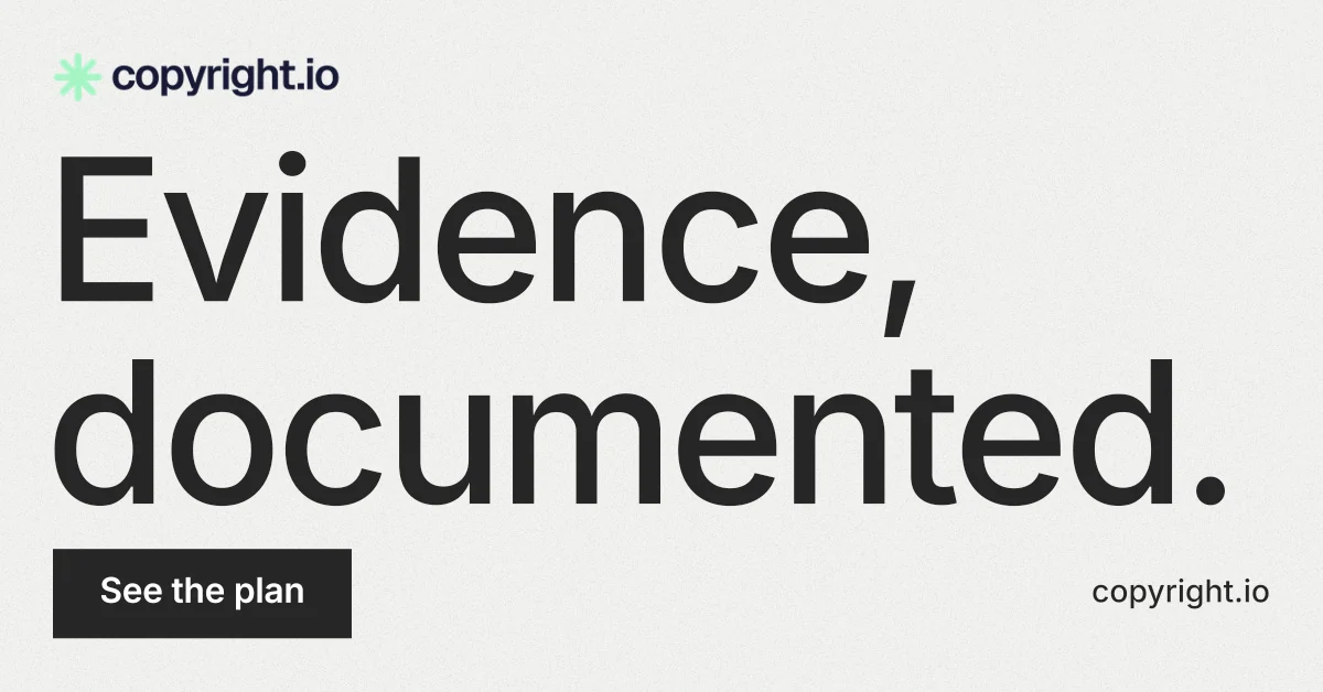 Social ad for copyright.io: "Evidence, documented." Swiss style, poster layout, light palette in white, grey, green.