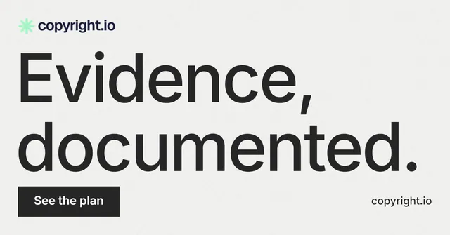 Social ad for copyright.io: "Evidence, documented." Swiss style, poster layout, light palette in white, grey, green.