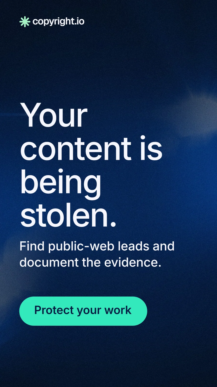Instagram story for copyright.io: "Your content is being stolen." Agentic glass style, skeleton layout, dark palette in black, blue, teal.