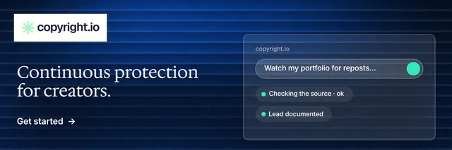 X header for copyright.io: "Continuous protection for creators." Minimal luxury style, bottom layout, dark palette in blue, black.