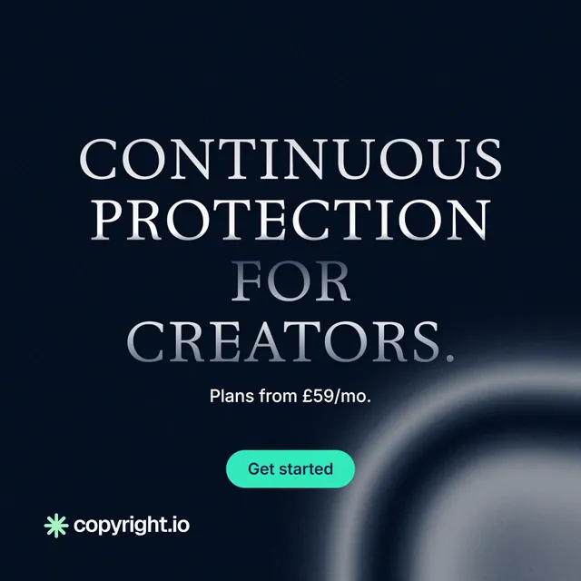 Instagram post for copyright.io: "Continuous protection for creators." Y2K style, centred layout, dark palette in black, grey, blue.