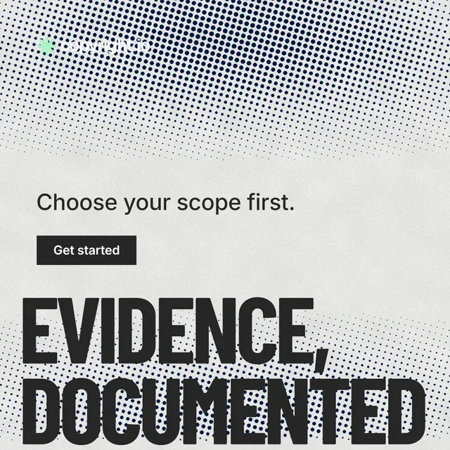 Instagram post for copyright.io: "Evidence, documented." Retro print style, oversized layout, light palette in grey, white.