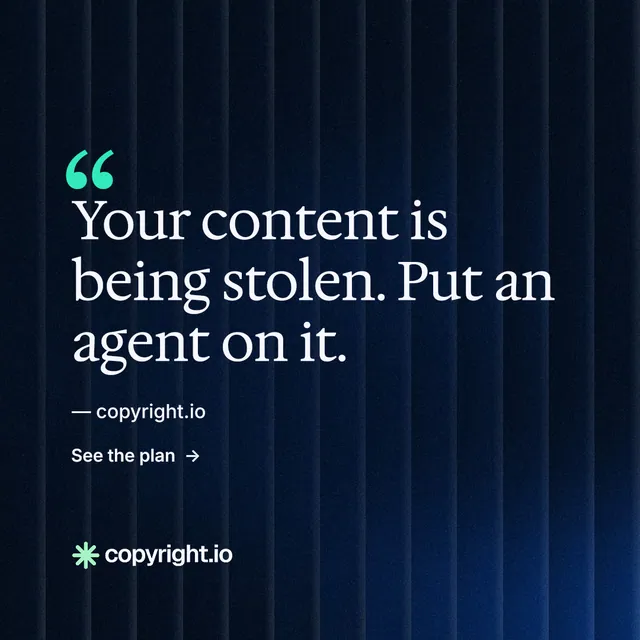 Instagram post for copyright.io: "Reposts don't remove themselves." Minimal luxury style, quote layout, dark palette in black, blue.