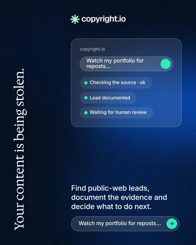 Instagram portrait post for copyright.io: "Your content is being stolen." Agentic glass style, vertical layout, dark palette in black, blue.