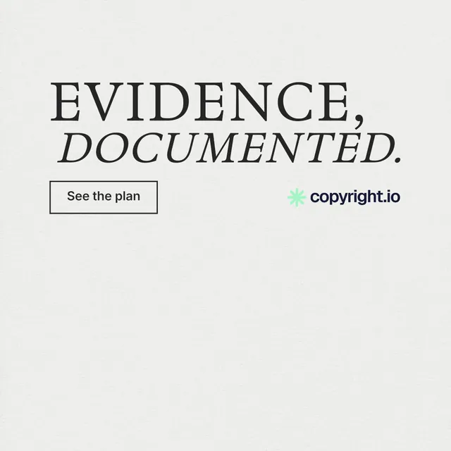 Instagram post for copyright.io: "Evidence, documented." Editorial style, stacked layout, light palette in white, grey.