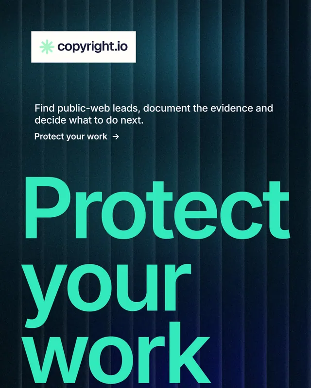 Instagram portrait post for copyright.io: "See the plan first." Minimal luxury style, oversized layout, dark palette in blue, black, teal.