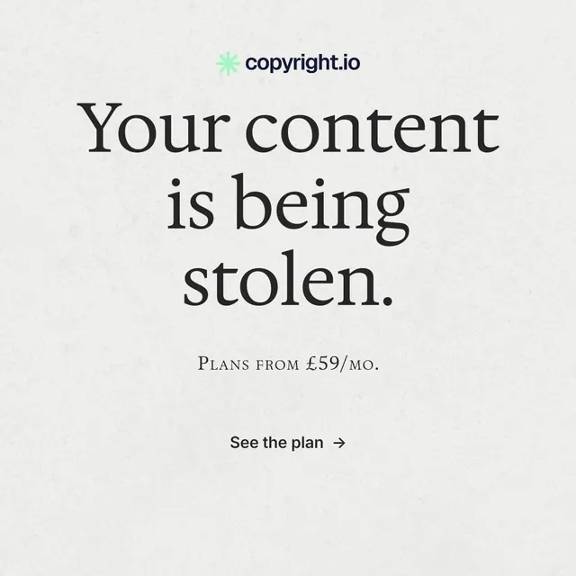 Instagram post for copyright.io: "Your content is being stolen." Minimal luxury style, smallcaps layout, light palette in white.