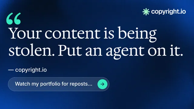 Landscape graphic for copyright.io: "Put an agent on it." Agentic glass style, quote layout, dark palette in blue, black.
