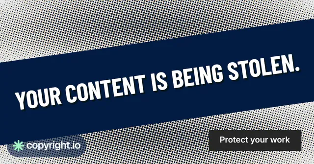 Social ad for copyright.io: "Your content is being stolen." Retro print style, diagonal layout, dark palette in blue, grey.