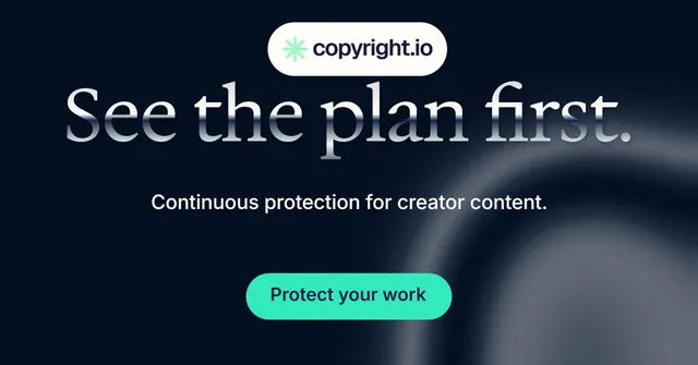 Social ad for copyright.io: "See the plan first." Y2K style, centred layout, dark palette in black, grey, blue.