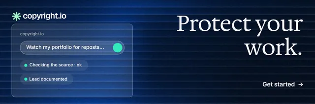 X header for copyright.io: "Protect your work." Minimal luxury style, right layout, dark palette in blue, black.