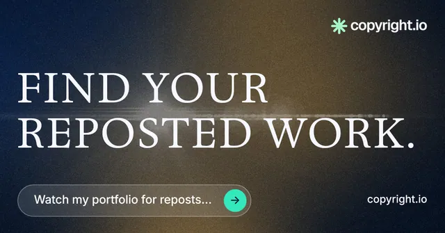 Social ad for copyright.io: "Find your reposted work." Agentic glass style, poster layout, dark palette in grey, blue, black.