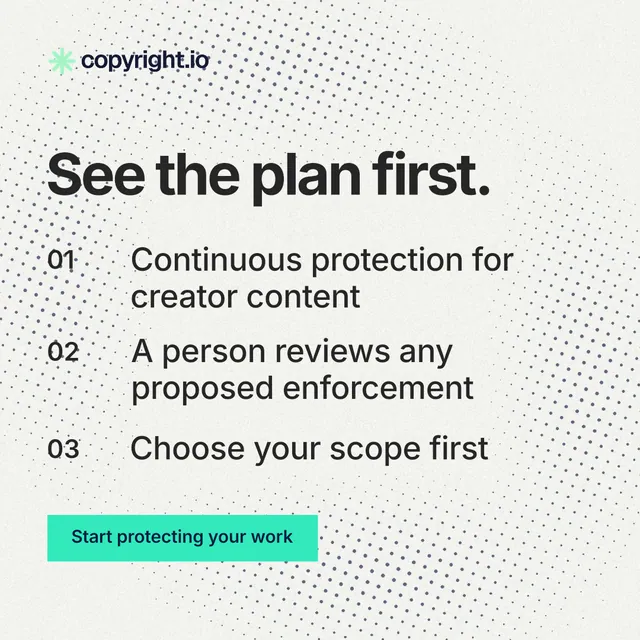 Instagram post for copyright.io: "See the plan first." Swiss style, numbered layout, light palette in white, grey, green.