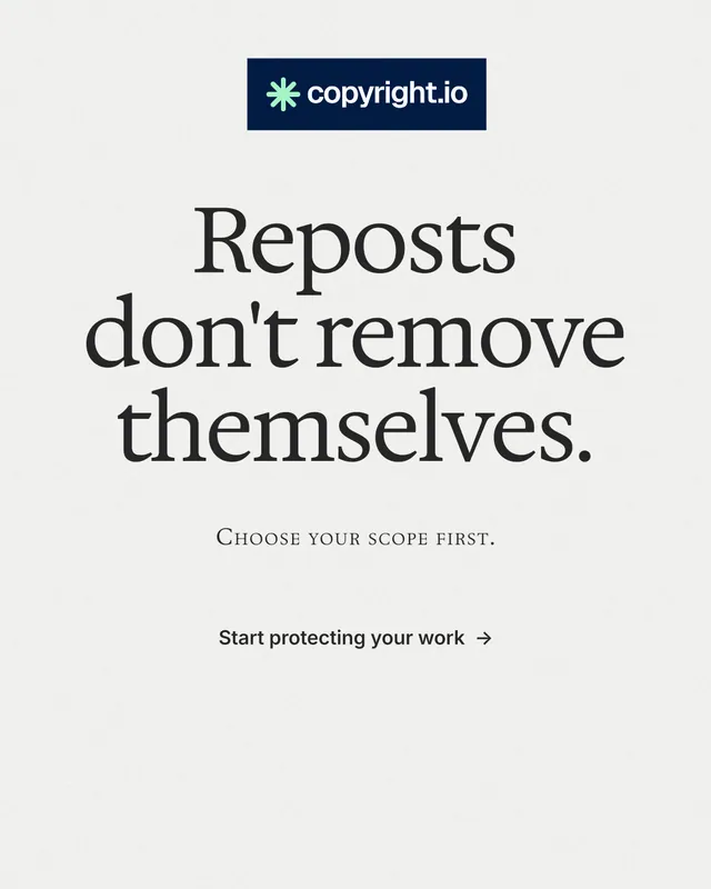 Instagram portrait post for copyright.io: "Reposts don't remove themselves." Minimal luxury style, smallcaps layout, light palette in white, grey.