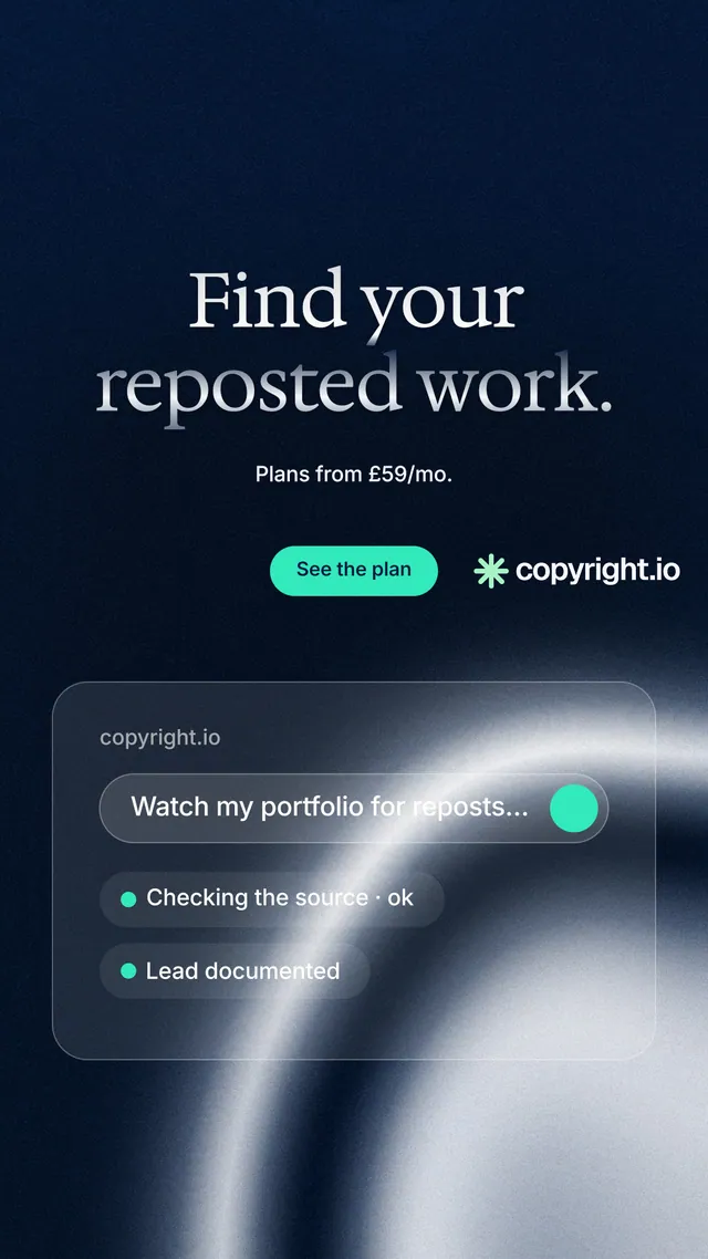 Instagram story for copyright.io: "Find your reposted work." Y2K style, centred layout, dark palette in black, blue, teal.