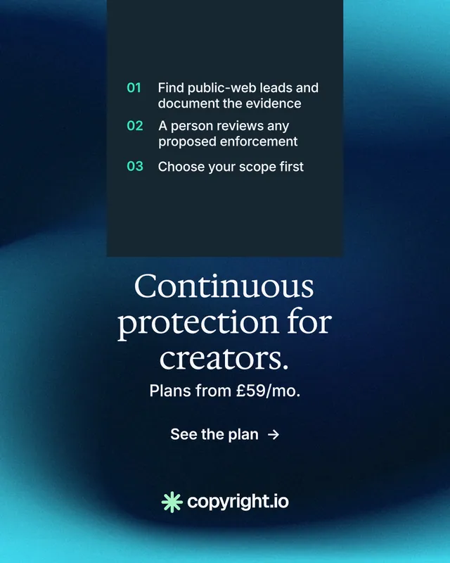 Instagram portrait post for copyright.io: "Continuous protection for creators." Minimal luxury style, skeleton layout, dark palette in blue, black, teal.