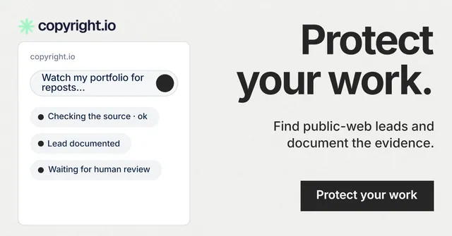 Social ad for copyright.io: "Protect your work." Swiss style, right layout, light palette in white, grey.