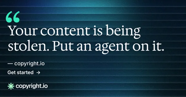 Social ad for copyright.io: "Put an agent on it." Minimal luxury style, quote layout, dark palette in blue, black.