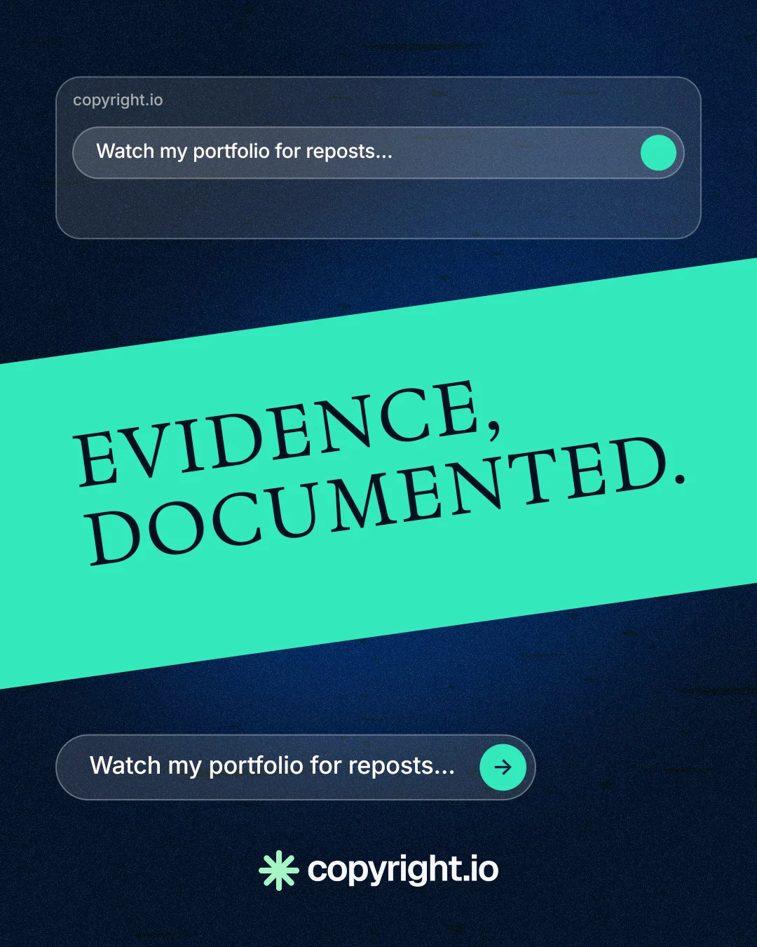 Instagram portrait post for copyright.io: "Evidence, documented." Agentic glass style, diagonal layout, dark palette in blue, black, teal.