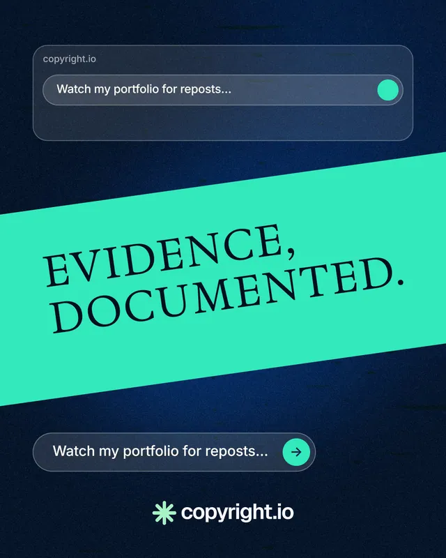 Instagram portrait post for copyright.io: "Evidence, documented." Agentic glass style, diagonal layout, dark palette in blue, black, teal.