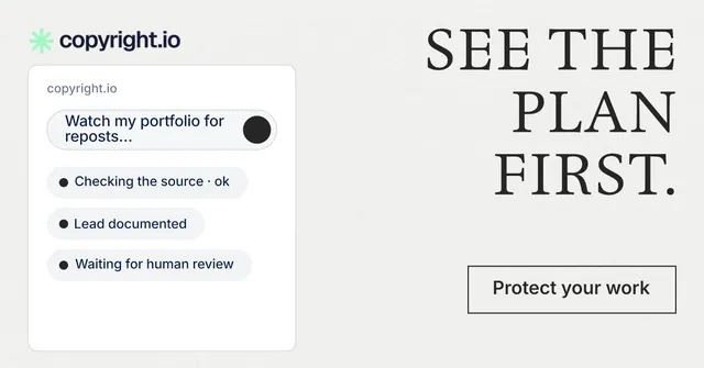 Social ad for copyright.io: "See the plan first." Editorial style, right layout, light palette in white, grey.