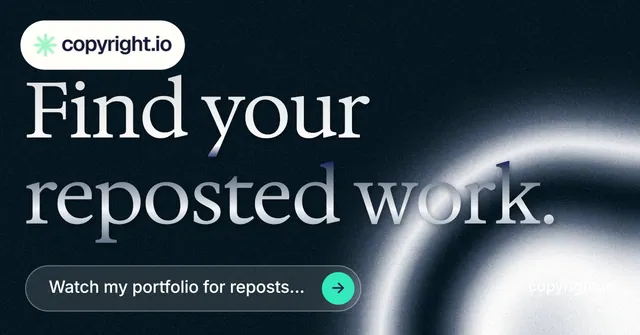 Social ad for copyright.io: "Find your reposted work." Agentic glass style, poster layout, dark palette in black, blue, grey.
