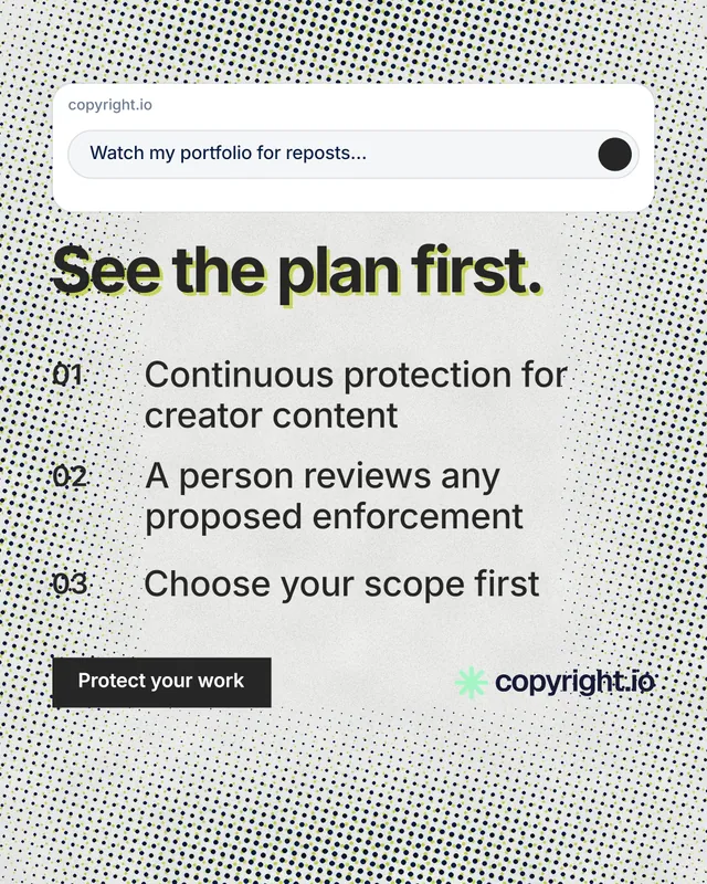 Instagram portrait post for copyright.io: "See the plan first." Swiss style, numbered layout, light palette in grey, white.