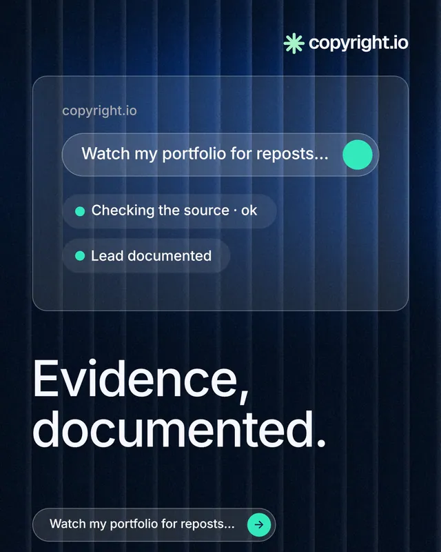 Instagram portrait post for copyright.io: "Evidence, documented." Agentic glass style, bottom layout, dark palette in blue, black.