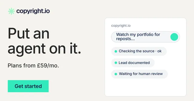 Social ad for copyright.io: "Put an agent on it." Swiss style, bottom layout, light palette in white, teal.