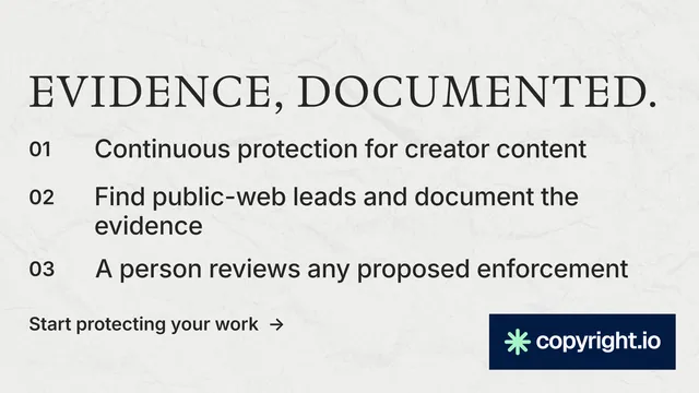 Landscape graphic for copyright.io: "Evidence, documented." Minimal luxury style, numbered layout, light palette in white, grey.