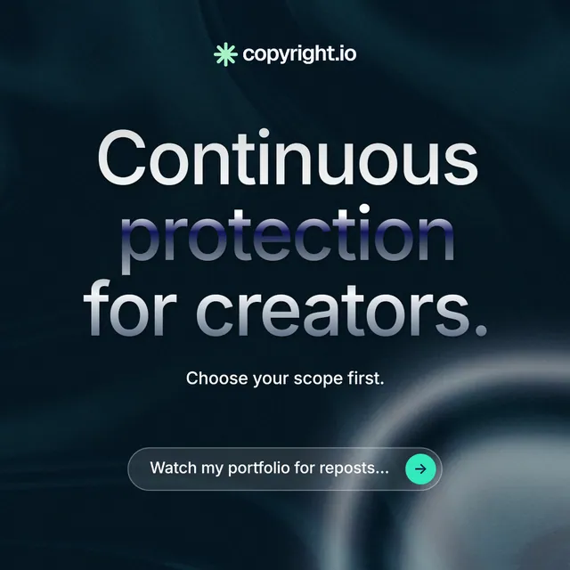 Instagram post for copyright.io: "Continuous protection for creators." Agentic glass style, centred layout, dark palette in black, blue, grey.
