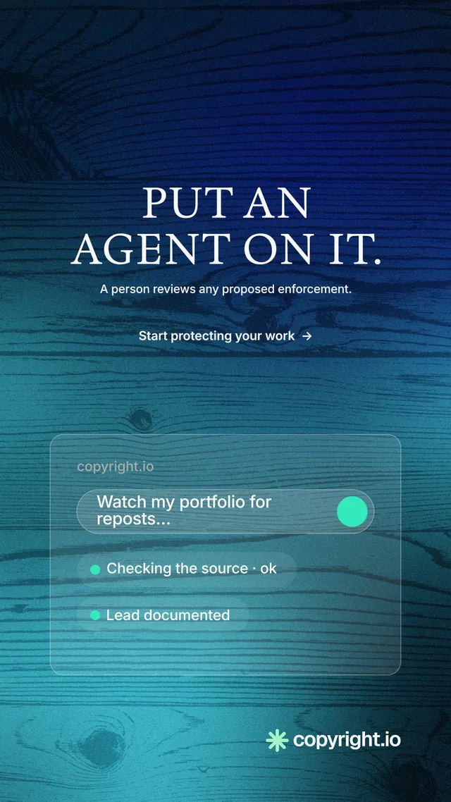 Instagram story for copyright.io: "Put an agent on it." Minimal luxury style, centred layout, dark palette in blue, teal.