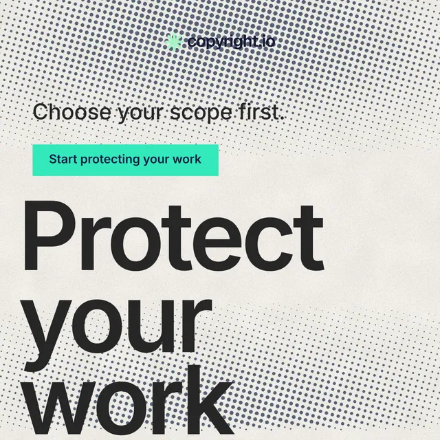 Instagram post for copyright.io: "Continuous protection for creators." Swiss style, oversized layout, light palette in grey, yellow, green.