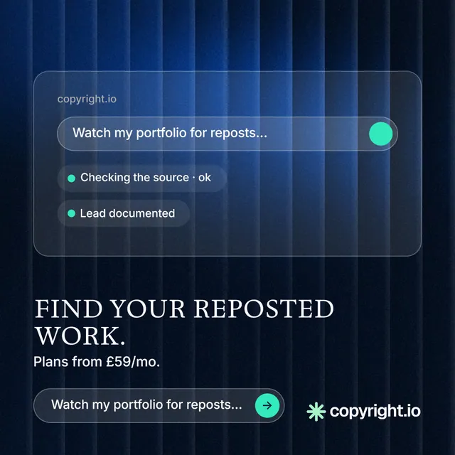 Instagram post for copyright.io: "Find your reposted work." Agentic glass style, bottom layout, dark palette in blue, black.