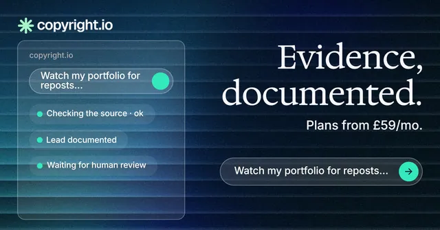 Social ad for copyright.io: "Evidence, documented." Agentic glass style, right layout, dark palette in blue, black.