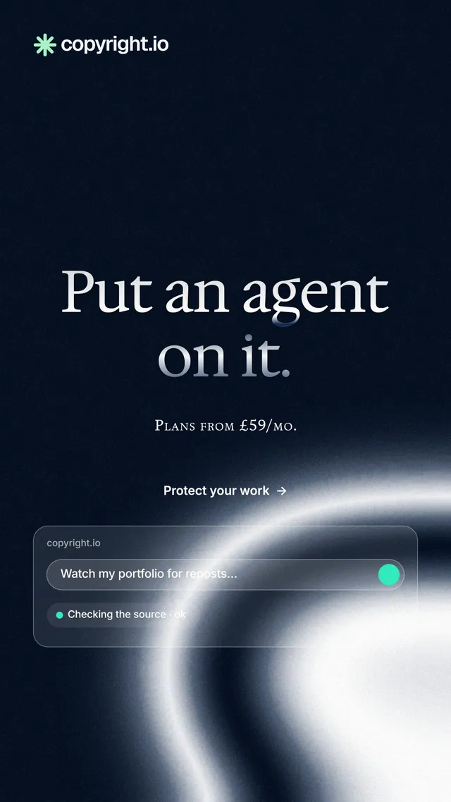 Instagram story for copyright.io: "Put an agent on it." Agentic glass style, smallcaps layout, dark palette in black, blue, grey.