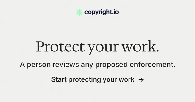 Social ad for copyright.io: "Protect your work." Minimal luxury style, skeleton layout, light palette in white.
